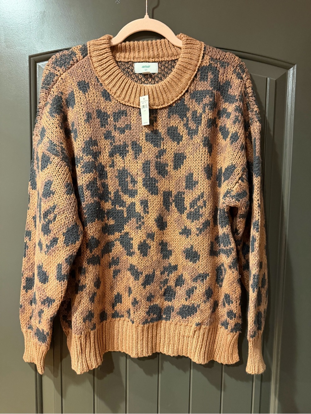 Aerie Leopard Print Knit Sweater Brown Black Oversized Crewneck S/P NWT